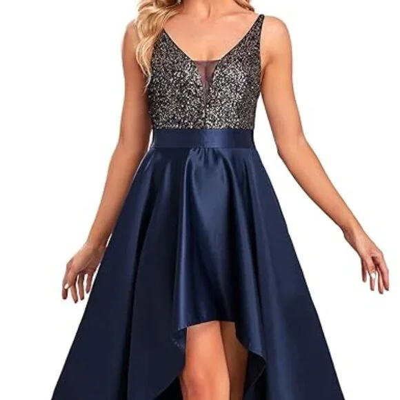 EVER-PRETTY Women's Asymmetric Skirt ,V-Neck, A-line Dress Sz: 2XL Navy Blue - Picture 3 of 16